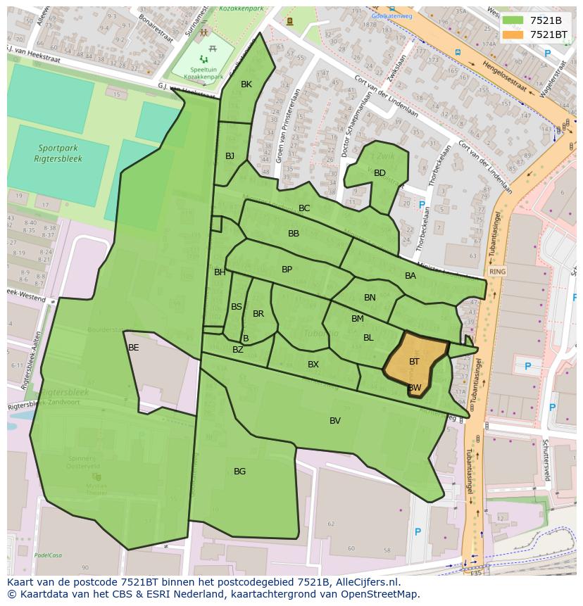 Afbeelding van het postcodegebied 7521 BT op de kaart.