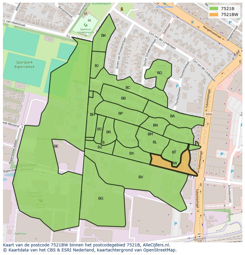 Afbeelding van het postcodegebied 7521 BW op de kaart.