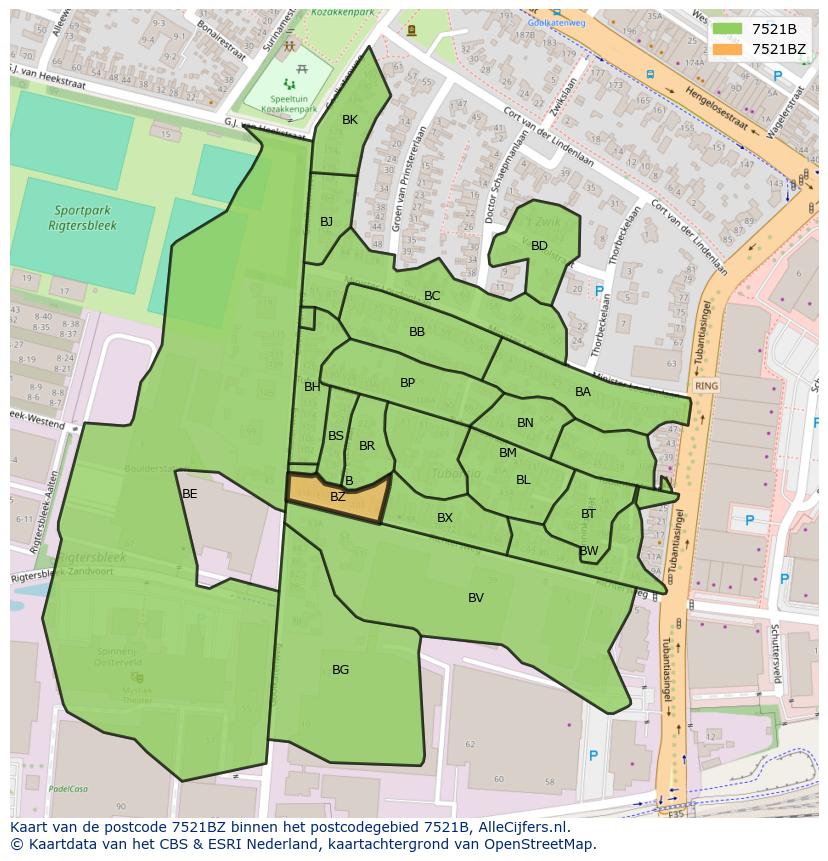Afbeelding van het postcodegebied 7521 BZ op de kaart.