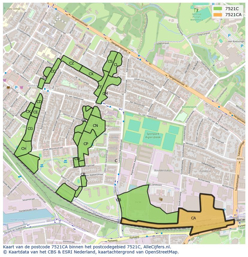 Afbeelding van het postcodegebied 7521 CA op de kaart.