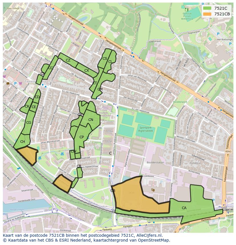 Afbeelding van het postcodegebied 7521 CB op de kaart.