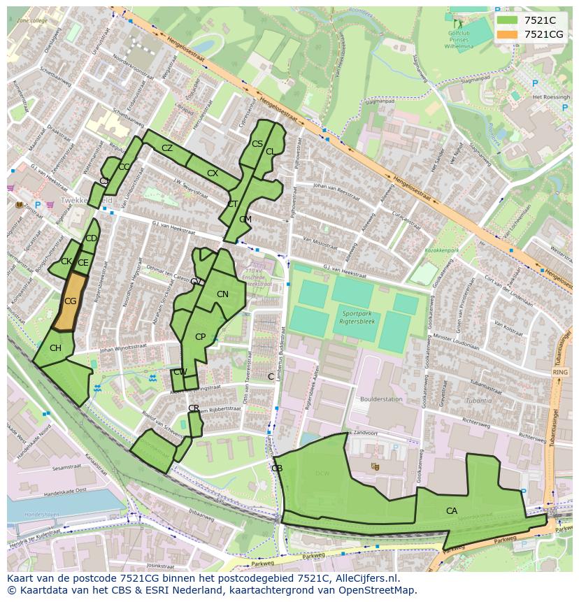 Afbeelding van het postcodegebied 7521 CG op de kaart.