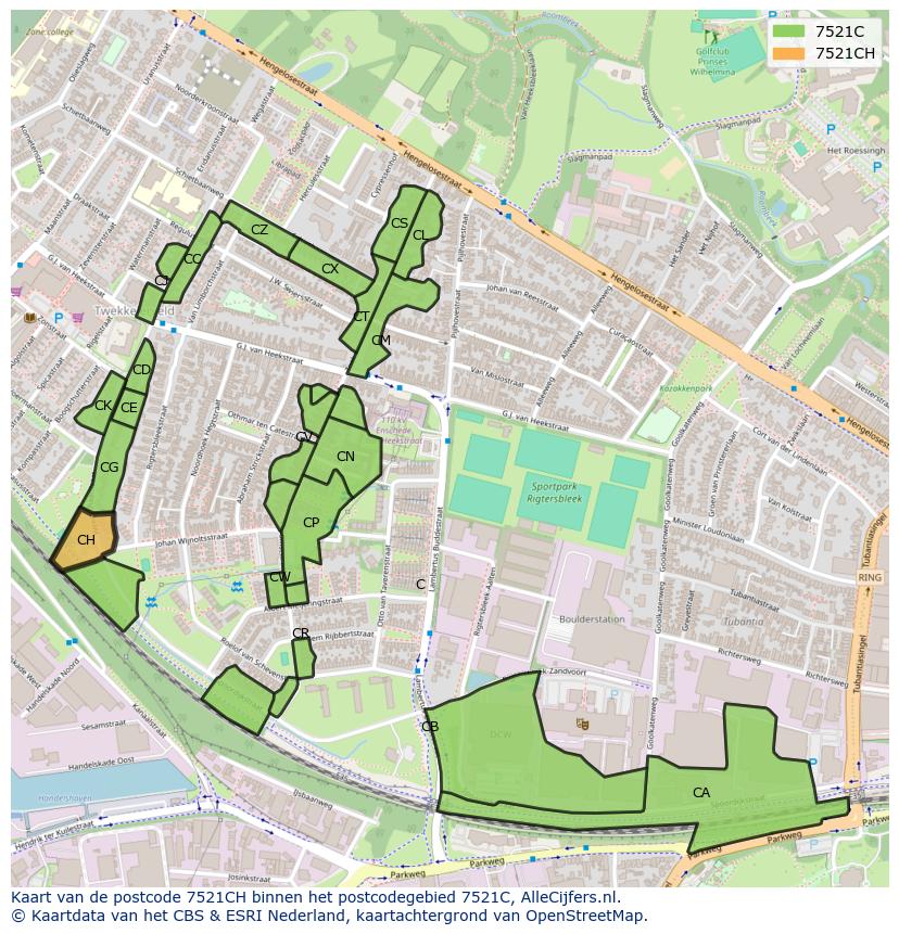 Afbeelding van het postcodegebied 7521 CH op de kaart.