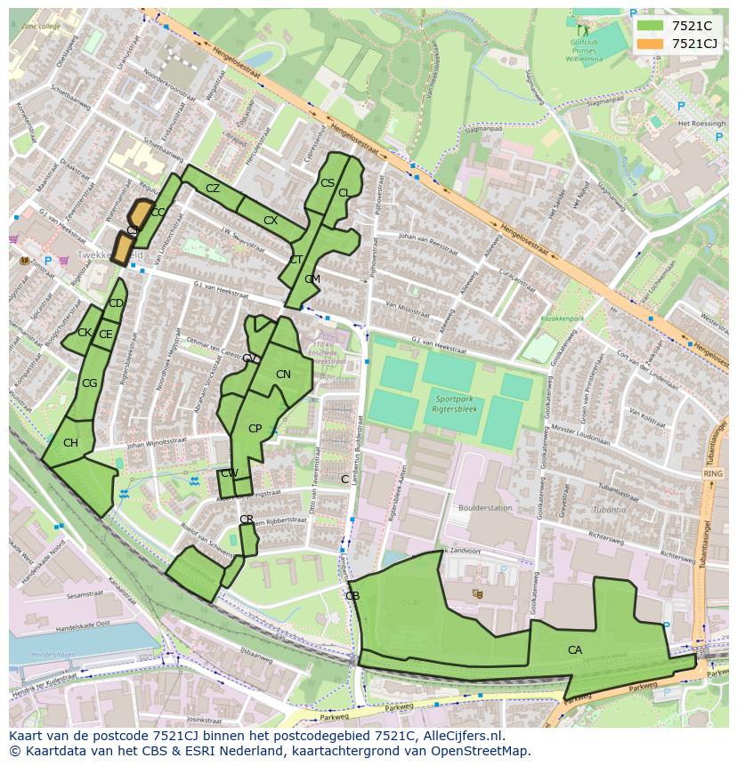 Afbeelding van het postcodegebied 7521 CJ op de kaart.
