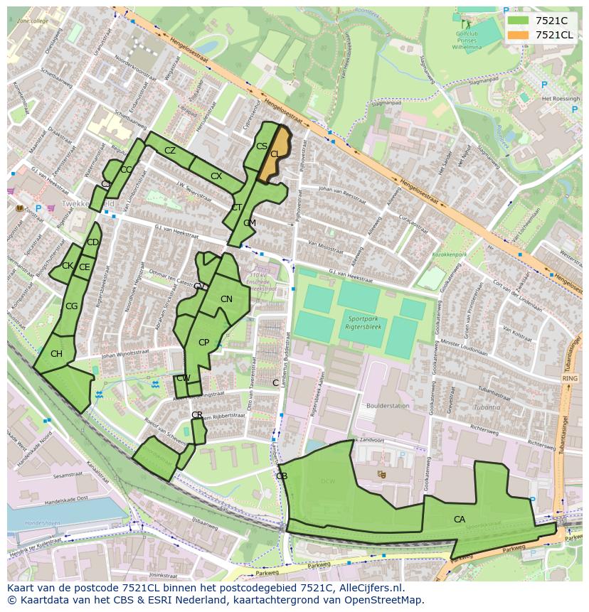 Afbeelding van het postcodegebied 7521 CL op de kaart.