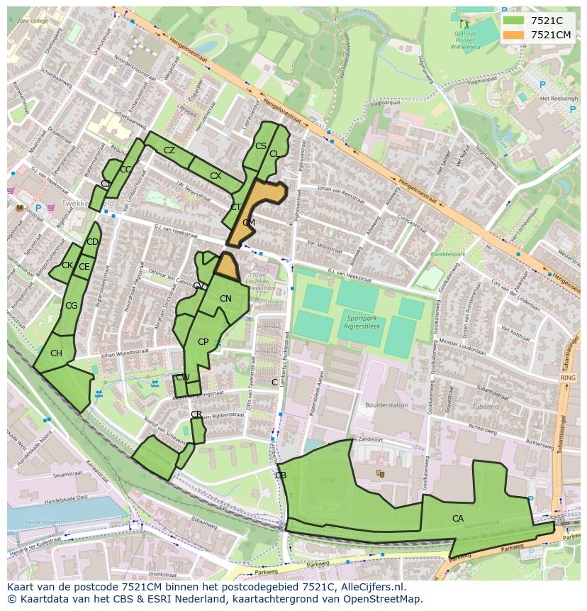 Afbeelding van het postcodegebied 7521 CM op de kaart.