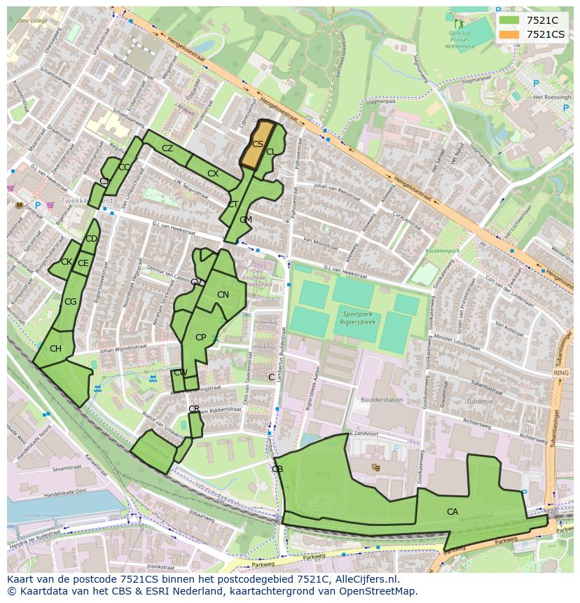 Afbeelding van het postcodegebied 7521 CS op de kaart.