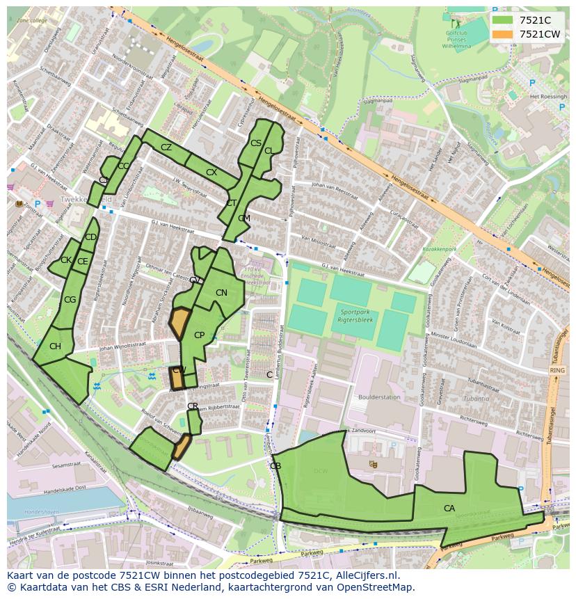 Afbeelding van het postcodegebied 7521 CW op de kaart.