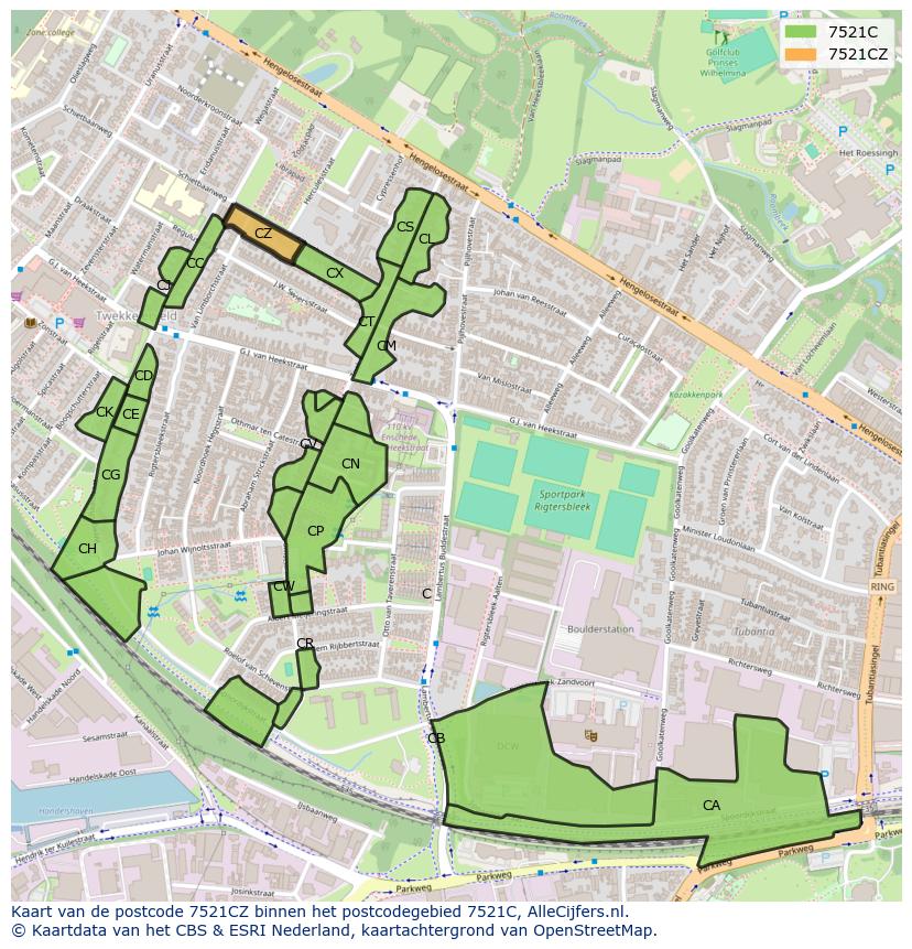 Afbeelding van het postcodegebied 7521 CZ op de kaart.