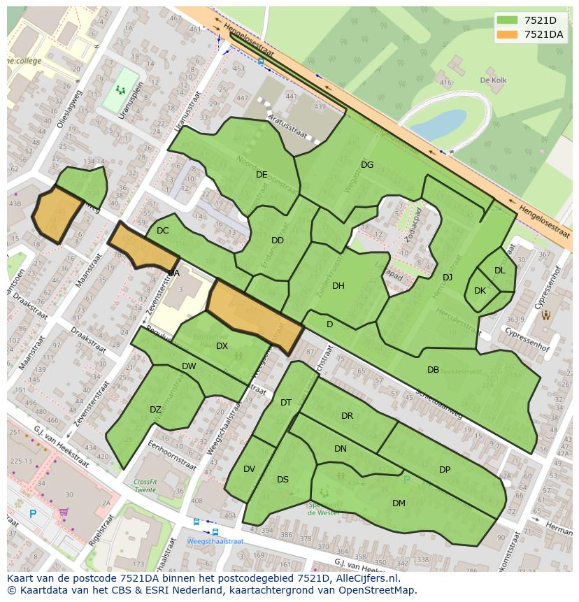 Afbeelding van het postcodegebied 7521 DA op de kaart.