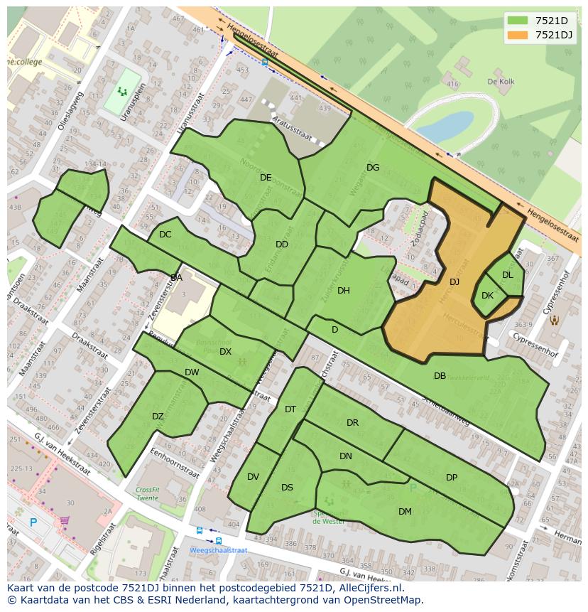 Afbeelding van het postcodegebied 7521 DJ op de kaart.