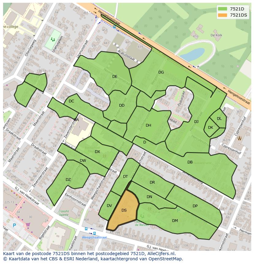 Afbeelding van het postcodegebied 7521 DS op de kaart.
