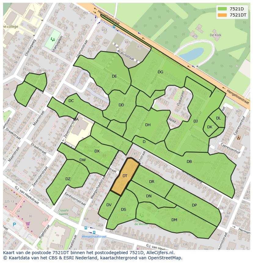 Afbeelding van het postcodegebied 7521 DT op de kaart.