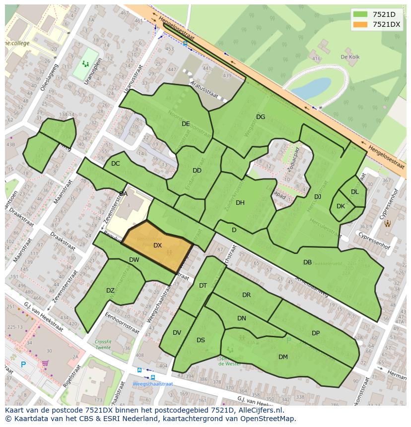 Afbeelding van het postcodegebied 7521 DX op de kaart.