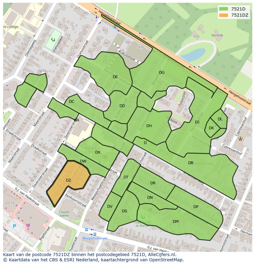 Afbeelding van het postcodegebied 7521 DZ op de kaart.