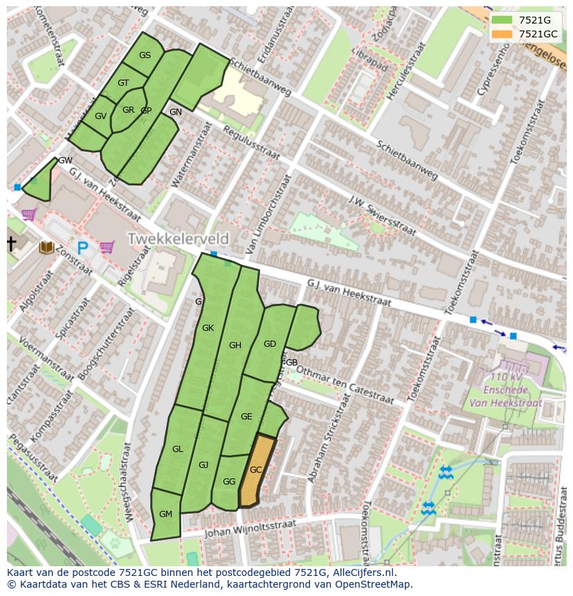 Afbeelding van het postcodegebied 7521 GC op de kaart.