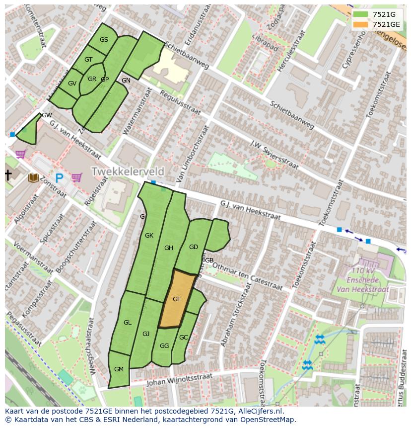 Afbeelding van het postcodegebied 7521 GE op de kaart.