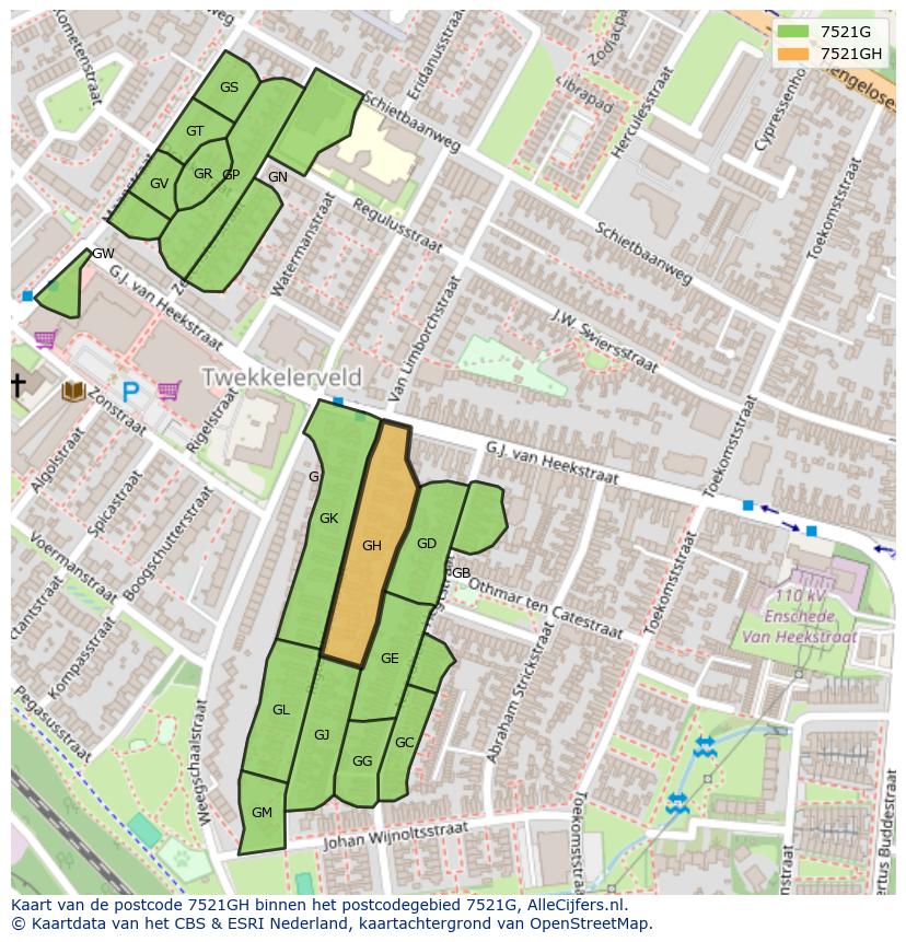 Afbeelding van het postcodegebied 7521 GH op de kaart.