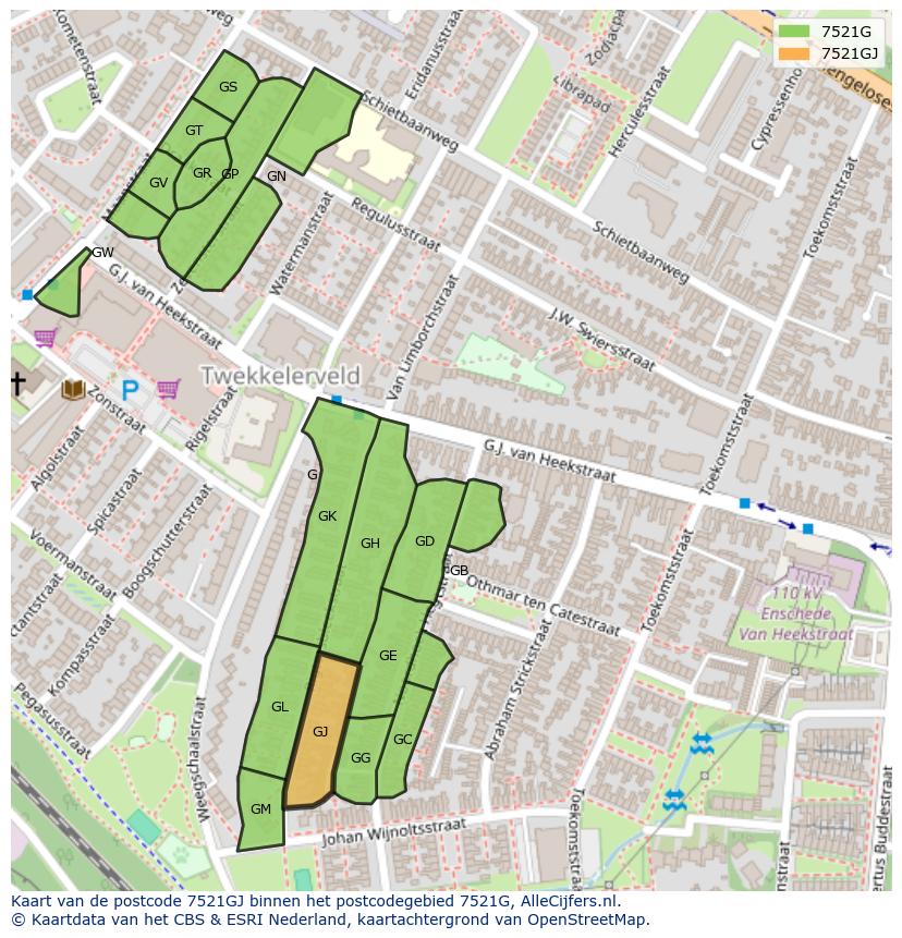 Afbeelding van het postcodegebied 7521 GJ op de kaart.
