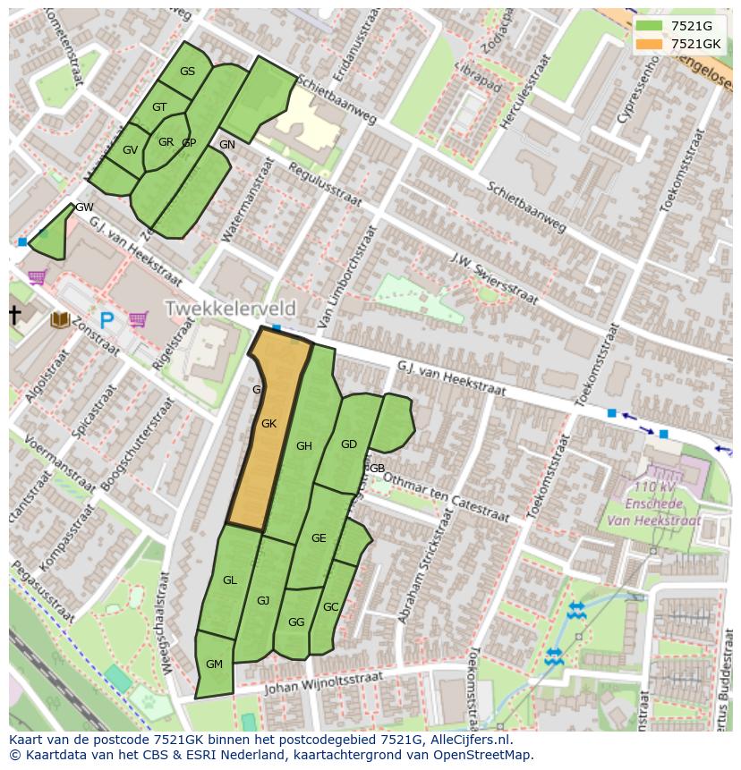 Afbeelding van het postcodegebied 7521 GK op de kaart.