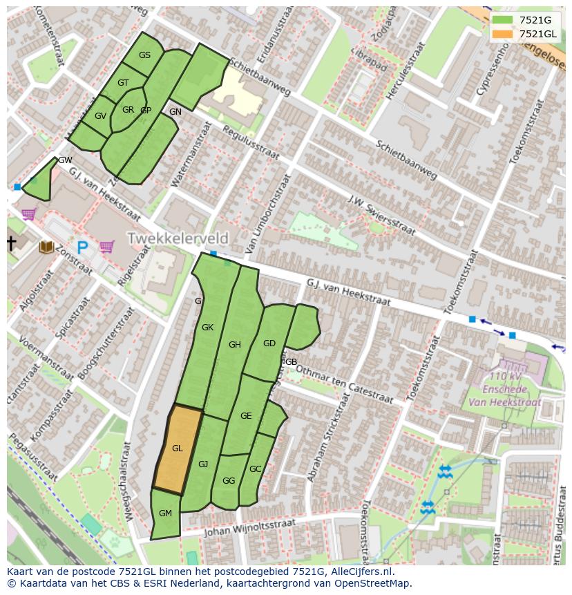 Afbeelding van het postcodegebied 7521 GL op de kaart.