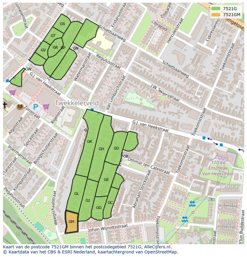 Afbeelding van het postcodegebied 7521 GM op de kaart.