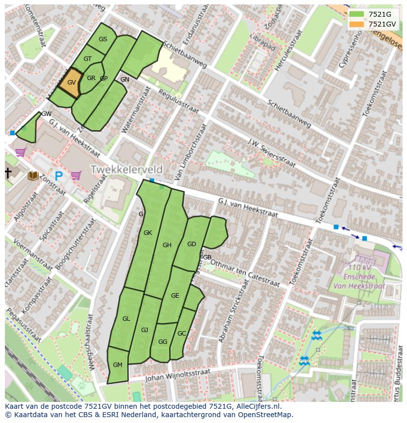 Afbeelding van het postcodegebied 7521 GV op de kaart.