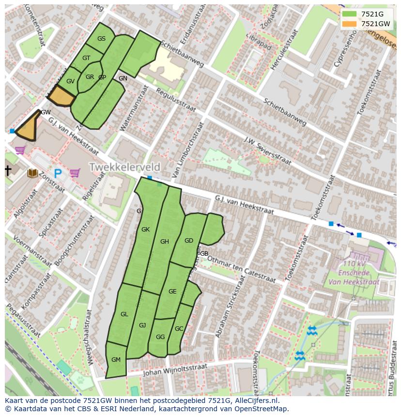 Afbeelding van het postcodegebied 7521 GW op de kaart.