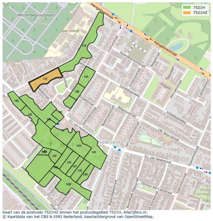 Afbeelding van het postcodegebied 7521 HZ op de kaart.