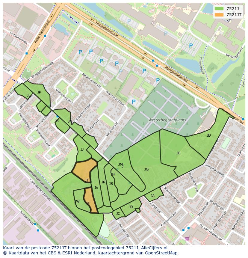 Afbeelding van het postcodegebied 7521 JT op de kaart.