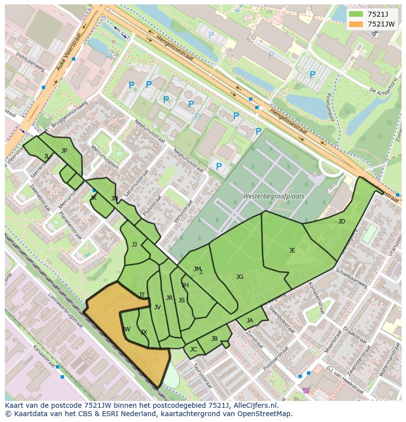 Afbeelding van het postcodegebied 7521 JW op de kaart.