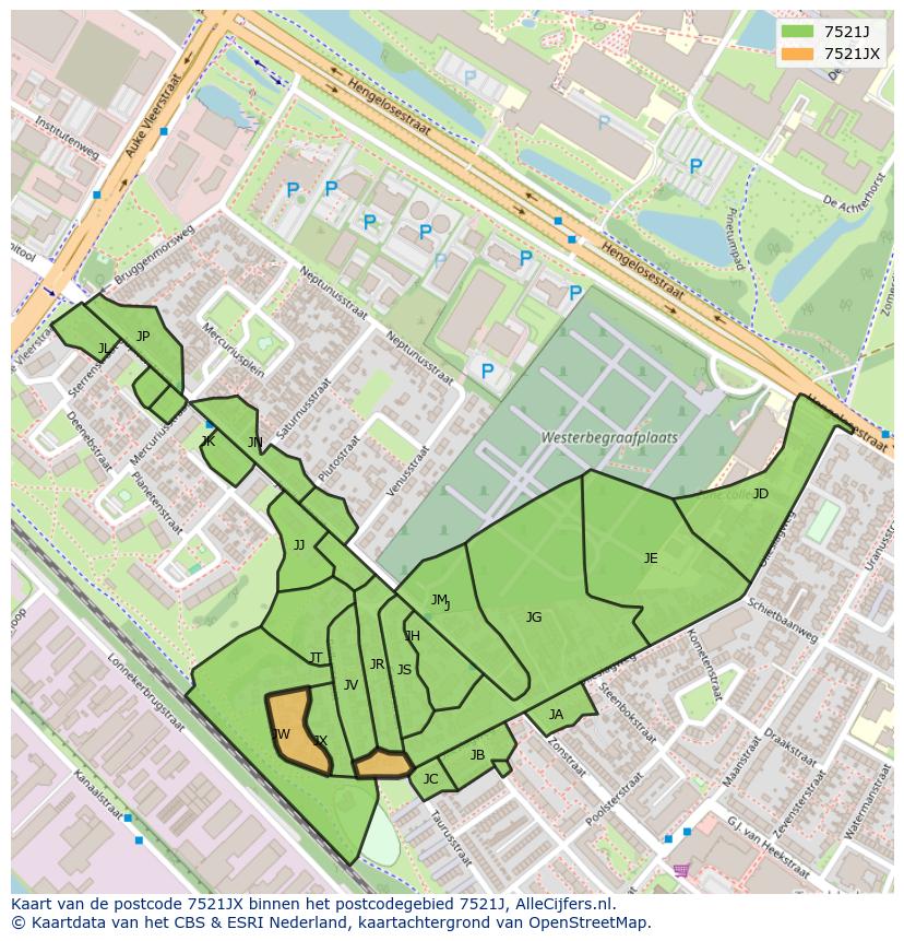 Afbeelding van het postcodegebied 7521 JX op de kaart.