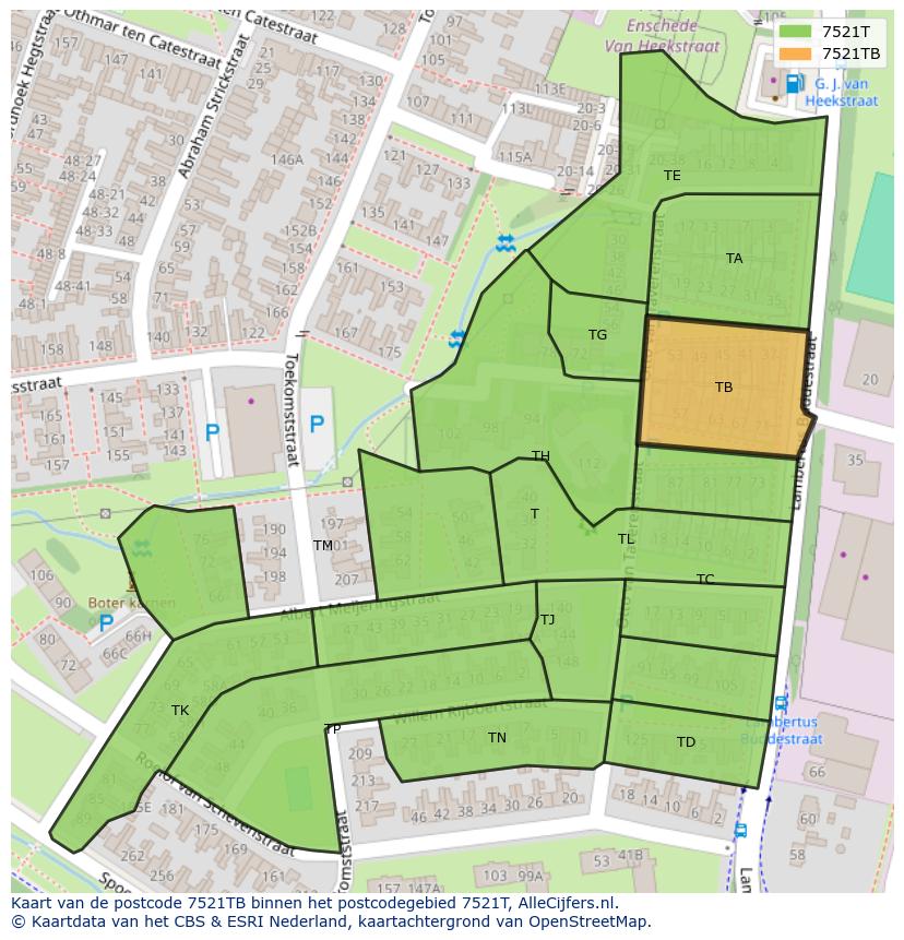 Afbeelding van het postcodegebied 7521 TB op de kaart.