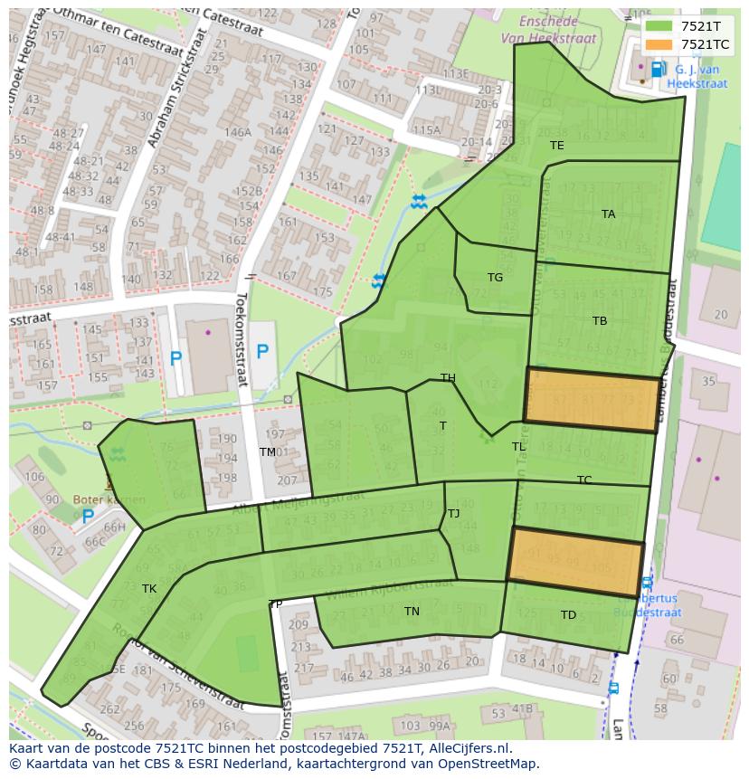 Afbeelding van het postcodegebied 7521 TC op de kaart.