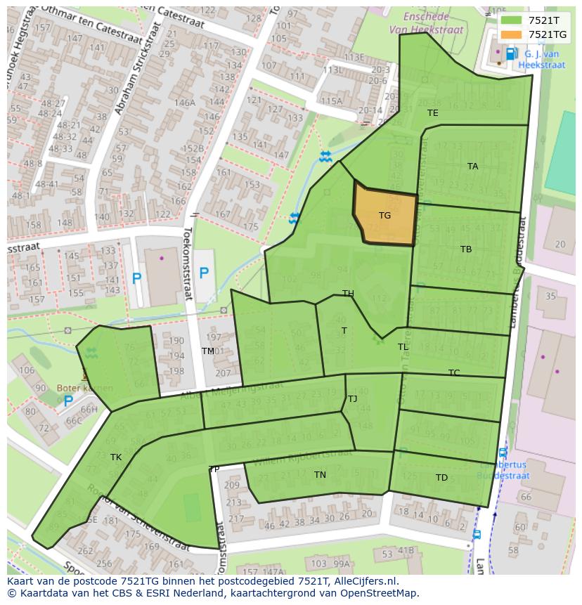 Afbeelding van het postcodegebied 7521 TG op de kaart.