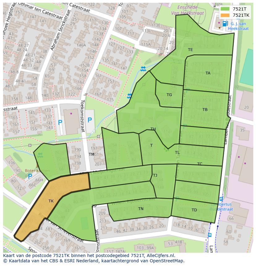 Afbeelding van het postcodegebied 7521 TK op de kaart.