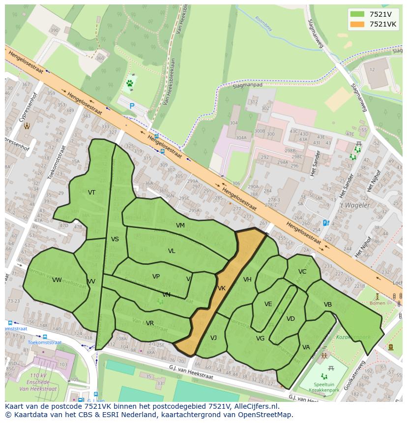 Afbeelding van het postcodegebied 7521 VK op de kaart.