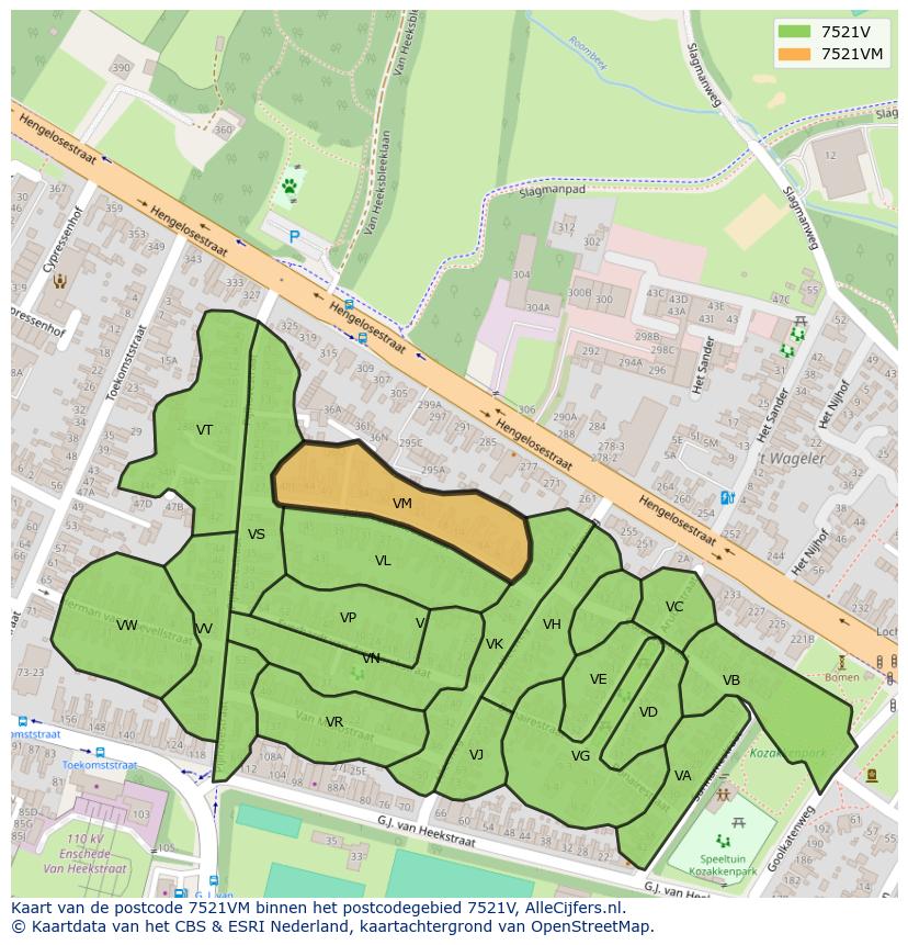 Afbeelding van het postcodegebied 7521 VM op de kaart.