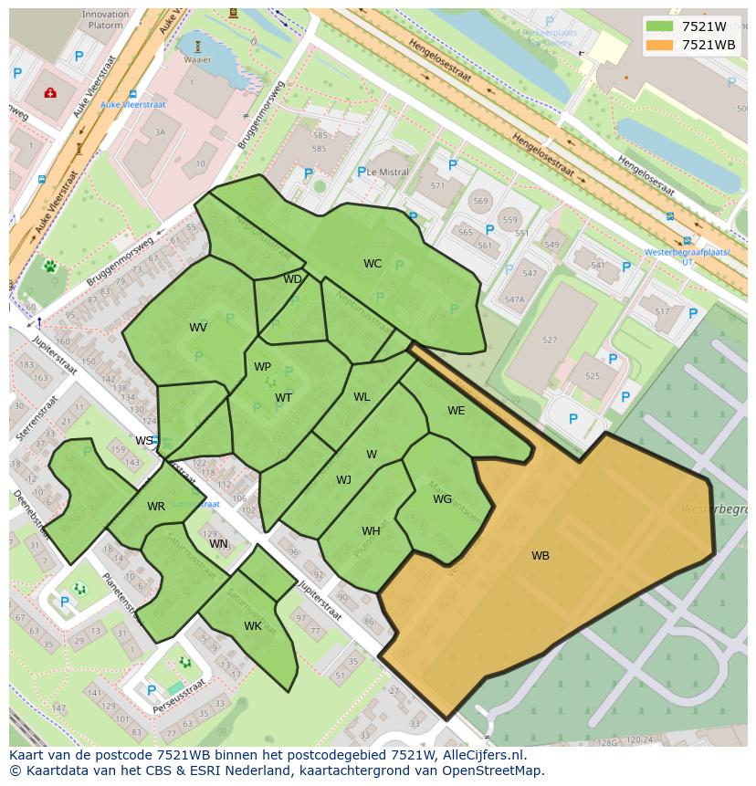 Afbeelding van het postcodegebied 7521 WB op de kaart.