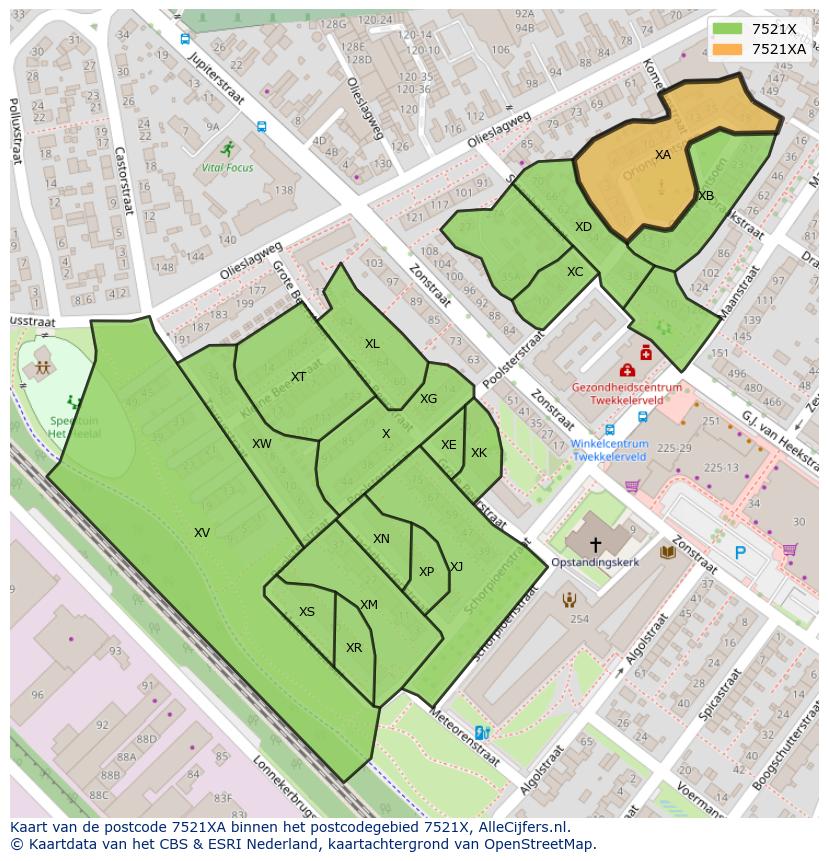 Afbeelding van het postcodegebied 7521 XA op de kaart.
