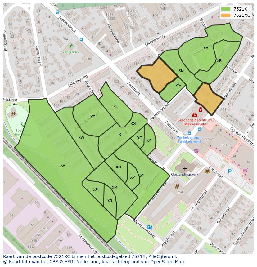Afbeelding van het postcodegebied 7521 XC op de kaart.