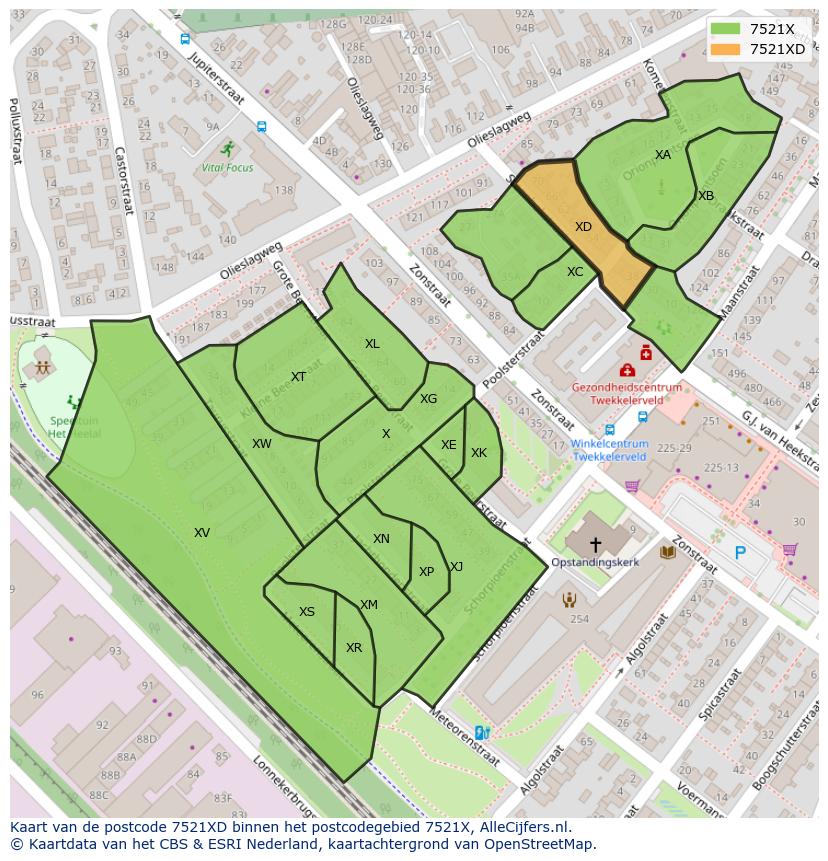 Afbeelding van het postcodegebied 7521 XD op de kaart.