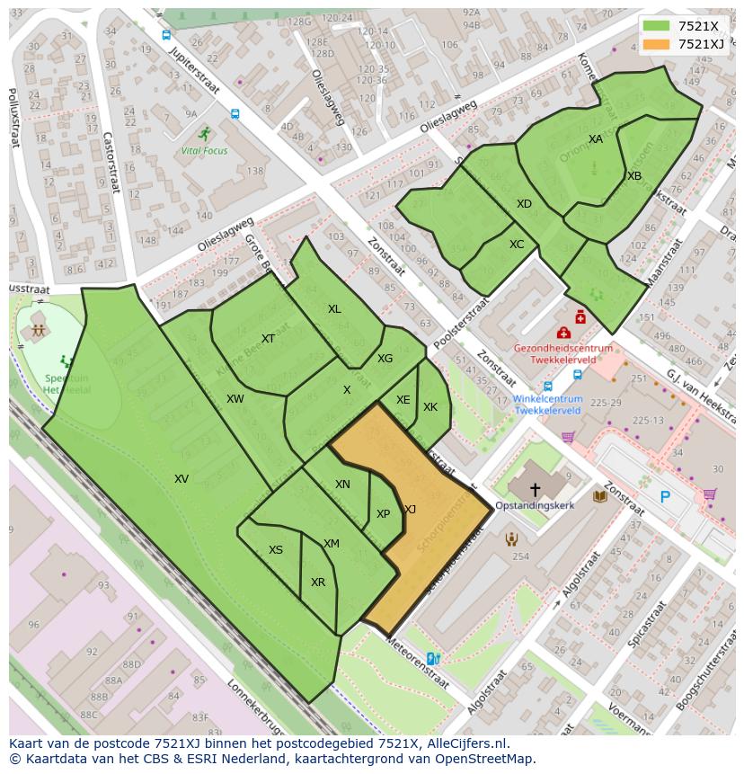 Afbeelding van het postcodegebied 7521 XJ op de kaart.
