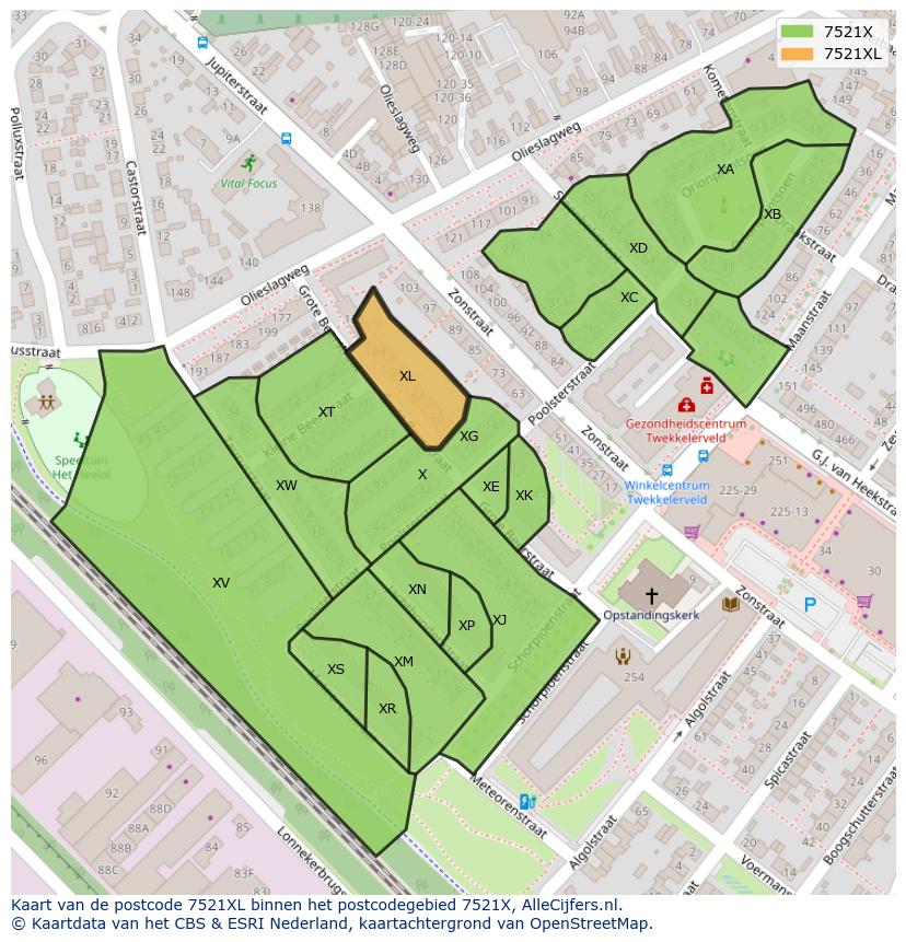 Afbeelding van het postcodegebied 7521 XL op de kaart.