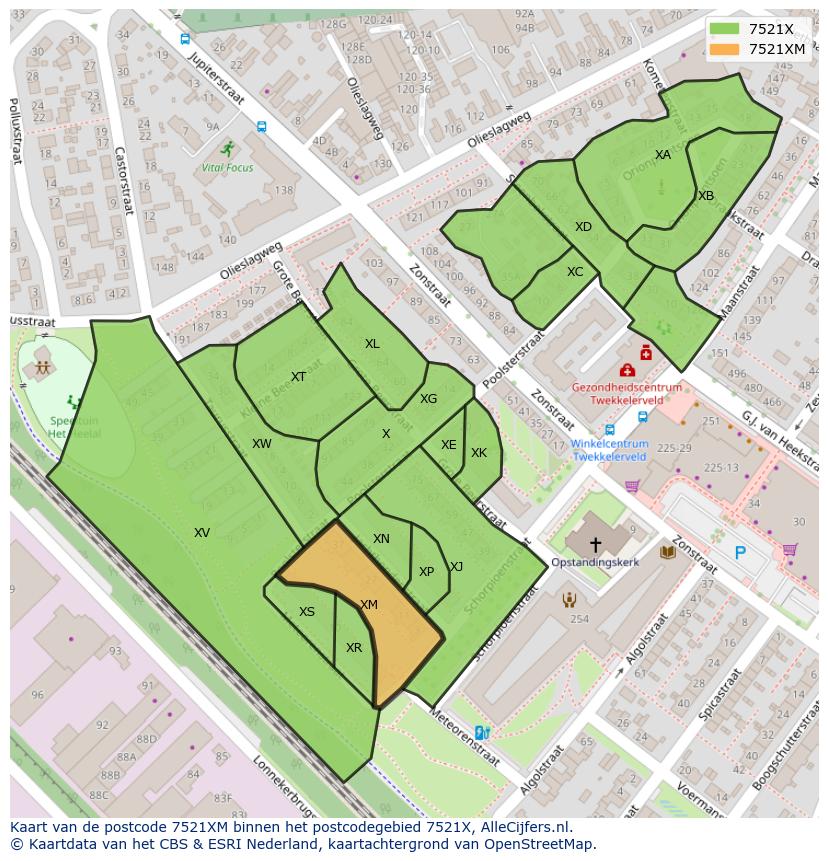 Afbeelding van het postcodegebied 7521 XM op de kaart.