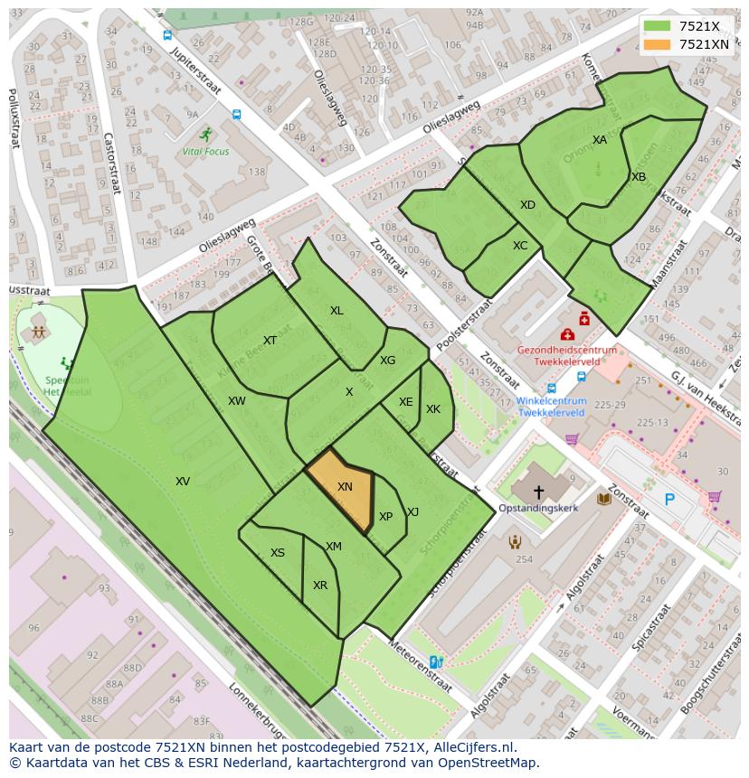 Afbeelding van het postcodegebied 7521 XN op de kaart.