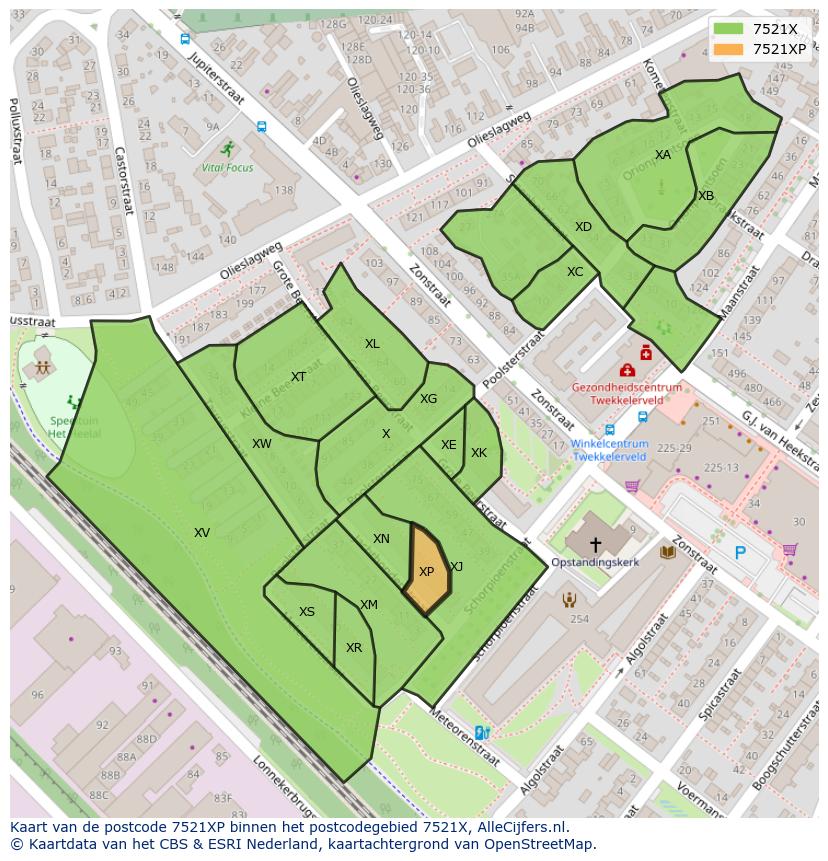 Afbeelding van het postcodegebied 7521 XP op de kaart.