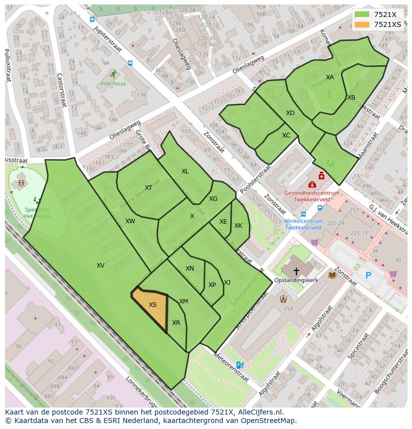 Afbeelding van het postcodegebied 7521 XS op de kaart.