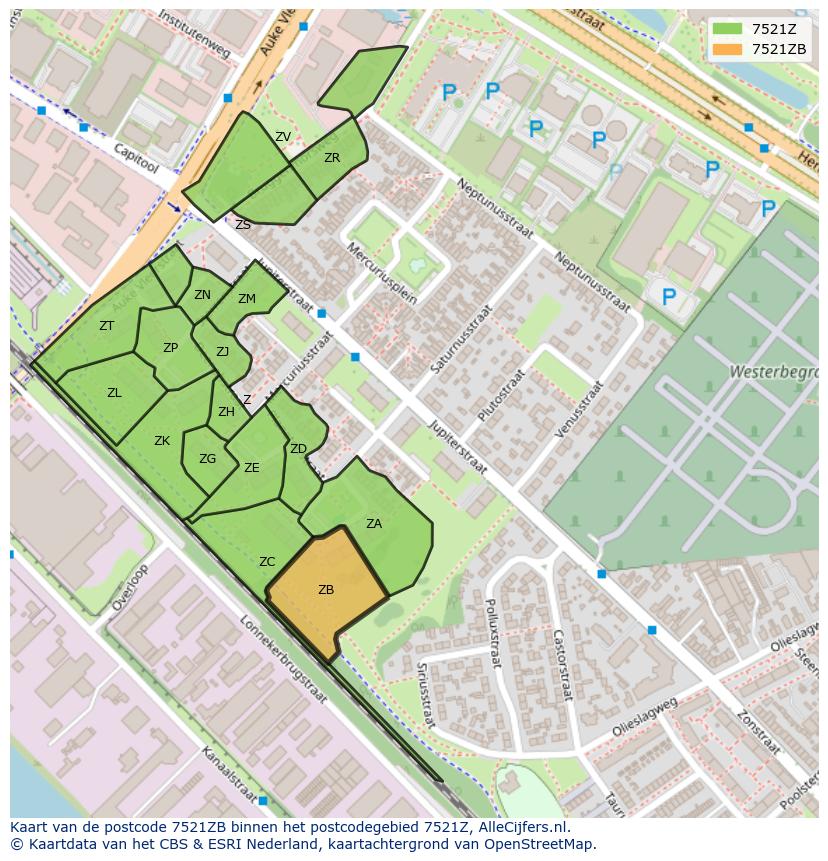 Afbeelding van het postcodegebied 7521 ZB op de kaart.