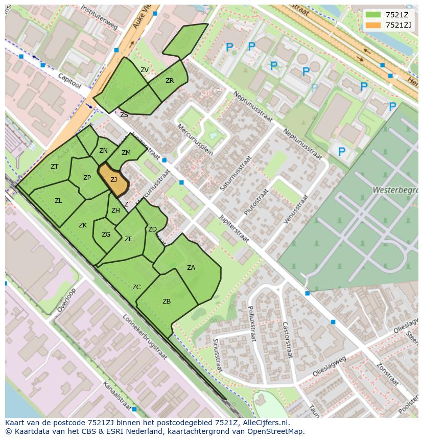 Afbeelding van het postcodegebied 7521 ZJ op de kaart.